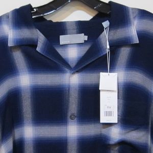 Mens Vince Shadow Plaid Rayon Shirt NEW Blue SZ L